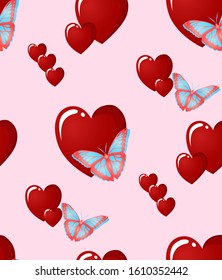 Seamless pattern. Hearts and butterflies on a pink background. Vector illustration.