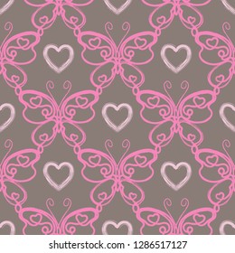 Seamless pattern with hearts and butterflies in rose and pink colors. Valentines Day wallpaper. Hand drawn doodle design for fabric and textile prints, paper gift wrap, wall art backgrounds.