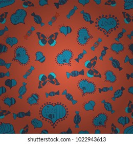 Seamless pattern with hearts. Cartoon love on orange, blue colors on cute background. Our love is magic. Vector illustration. Love card.