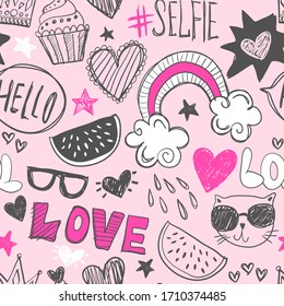 Seamless pattern with hearts, cat and hearts. Cool texture background. Wallpaper for teenager girls. Fashion style