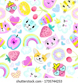 Seamless pattern with hearts, cat and fruits. Cute texture background. Wallpaper for teenager girls. Fashion style