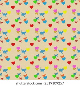 Seamless pattern with hearts and cats 