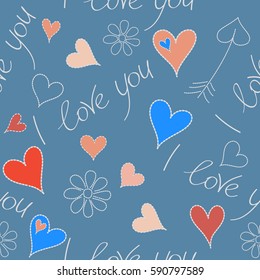 Seamless pattern of hearts, chamomile flower and I love you text in a blue and pink colors. Vector illustration.