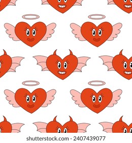 Seamless Pattern with Hearts Characters for Valentine Day. Angel and demon. Mascot in groovy and Y2k style. Vector cartoon illustration.