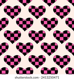 Seamless Pattern with Hearts checkered in emo style. Y2k. Black and pink. Vector flat illustration.