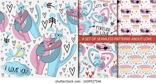 Seamless pattern with hearts. Cheerful background with cats. Valentine's day. Love. vector.