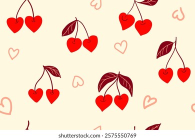 Seamless pattern with hearts and cherries for St. Valentine's Day. Vector