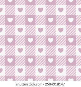 Seamless pattern with hearts in chess grid square. Cute cross line template design for wrapping, wallpaper, card, paper gift, phone case, baby shower, wedding or valentines day.