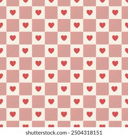 Seamless pattern with hearts in chess grid square. Cute cross line template design for wrapping, wallpaper, card, paper gift, phone case, baby shower, wedding or valentines day.