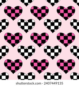 Seamless Pattern with Hearts in chessboard in emo style. Y2k. Black, white and pink. Vector flat illustration.