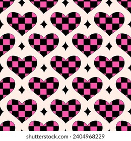 Seamless Pattern with Hearts in chessboard and stars in emo style. Y2k. Black and pink. Vector flat illustration.