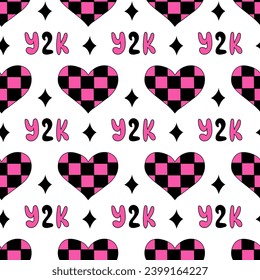 Patrón sin inconvenientes con corazones en tablero de ajedrez, texto y estrellas en estilo emo. Y2k. Negro y rosa. Ilustración plana vectorial.