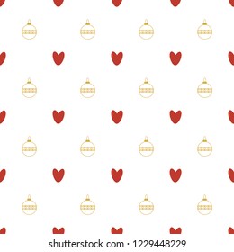 Seamless pattern of hearts and Christmas decorations. Symmetrical 

background for wrapping paper. Vector.