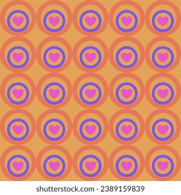 Seamless pattern with hearts and circles on orange background. Vector illustration.