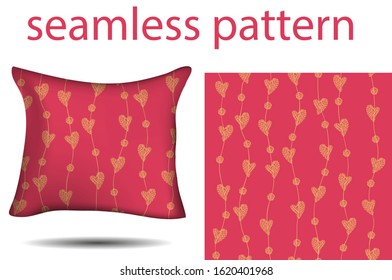 seamless pattern with hearts, circles.  Pillow. Design of bed linen, ornament for decor. Red, pink, yellow, gold