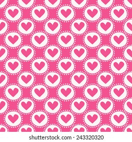 Seamless pattern with hearts and circles in pink and white colors. Love and romantic themes. Vector illustration.