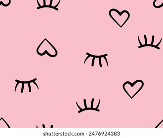 Seamless pattern with hearts and closed eyes drawn with a rough brush. Sketch, grunge, watercolor, paint. Girly vector illustration.
