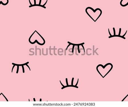 Seamless pattern with hearts and closed eyes drawn with a rough brush. Sketch, grunge, watercolor, paint. Girly vector illustration.

