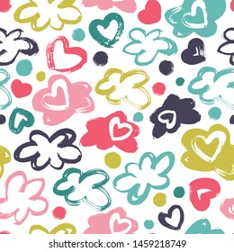 Seamless pattern with hearts, clouds on a white background. Drawn with a dry brush.