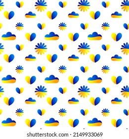 Seamless pattern with hearts, clouds and sun in blue and yellow colors of the Ukrainian flag on a white background.