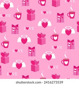 Seamless pattern with hearts, coffee mugs, and "love" text. Perfect for Valentine's Day cards, romantic-themed designs, and gift wraps. Versatile for fabric prints and digital backgrounds.