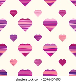 Patrón sin brillo con corazones. Coloridas rayas en el fondo blanco. Imagen texturizada del Día de San Valentín. Ilustración vectorial.