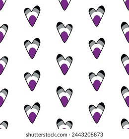 Seamless pattern with hearts of colors of the Asexual Pride Flag. Print for textile, wallpaper, covers, surface. Abstract geometric seamless pattern. For fashion fabric. LGBTQ symbols