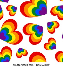 A seamless pattern of hearts in the colors of an LGBT community on a white background