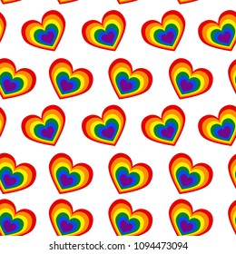 A seamless pattern of hearts in the colors of an LGBT community on a white background