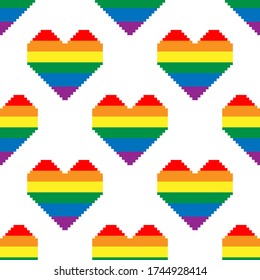 Seamless pattern with hearts in colors of LGBT flag. Pixel illustration. Colorful rainbow vector symbol of gay, lesbian, transgender love on a white background. Pride month concept.