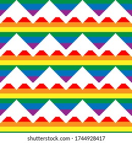 Nahtloses Muster mit Herzen in den Farben der LGBT Fahne. Pixel-Abbildung. Farbenvolles Regenbogenvektor-Symbol für schwule, lesbische, transgender Liebe auf weißem Hintergrund. Konzept für einen Monat.