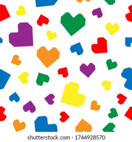 Seamless pattern with hearts in colors of LGBT flag. Pixel illustration. Colorful rainbow vector symbol of gay, lesbian, transgender love on a white background. Pride month concept.