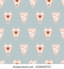 Seamless pattern with hearts, constellations, eyes, stars. Heart-shaped cookies with designs. Pastry, talisman, pendant, sticker. Magical seamless pattern. Magic, cosmos, sky, stars, eyes, dots