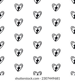 Seamless pattern with hearts with crosses. Print for textile, wallpaper, covers, surface. For fashion fabric. Retro stylization. Religious seamless pattern