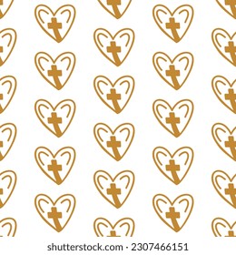 Seamless pattern with hearts with crosses. Print for textile, covers, surface. For fashion fabric. Religious seamless pattern.