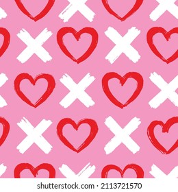 Seamless pattern with hearts and crosses. Tic-tac-toe repeat design in red and pink colors. Vector drawing