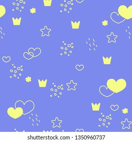 seamless pattern with hearts, crown, bubbles and stars. vector design for wrapping paper, postcards, textiles, backgrounds and more.