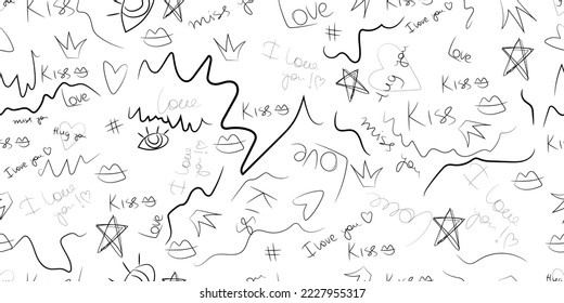 Seamless pattern of hearts, crowns,lips, stars,eyes, declarations of love written by hand. Trendy modern pattern. Sweet love texture for postcards, banners, posters, websites and decorative prints.