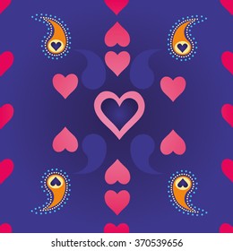 Seamless pattern with hearts and cucumbers, on a blue