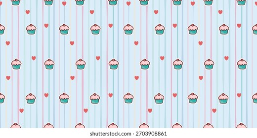 Padrão perfeito com corações, cupcakes e listras azuis e brancas para um papel de parede decorativo bonito.