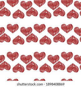 Seamless pattern of hearts with curls arranged in horizontal rows, dark red hearts on a white background illustration