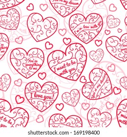Seamless pattern of hearts with curls and inscriptions, red on white
