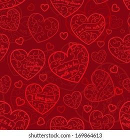 Seamless pattern of hearts with curls and inscriptions, in dark red colors