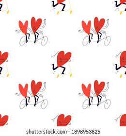 Seamless pattern with hearts. Cute cartoon couples ride a double bike and a big heart on a scooter. Vector stock illustration in cartoon style on a white background.
