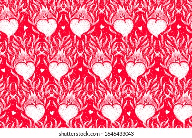 Seamless pattern with hearts. Cute handmade illustration. Seamless backdrop can be used for crafts, arts, wallpapers, web pages, fabrics, prints. Fire hearts. Flame heart. Burning hearts.