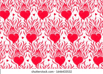 Patrón sin problemas con los corazones. Cuta ilustración hecha a mano. Los fondos de fondo son para artesanías, artes, fondos de pantalla, páginas web, telas, impresiones. ¡Disparen corazones! Corazón llama. Quemando corazones.