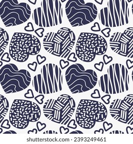 Seamless Pattern with hearts decorated with different textures. Stripes, waves, ovals, spirals. Blue and withe. For textiles, postcards, invitations