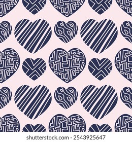 Seamless Pattern with hearts decorated with different textures. Stripes, waves, ovals, spirals. Blue and withe. For textiles, postcards, invitations