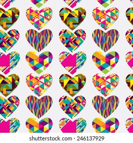 Seamless pattern of hearts, decorated with geometric patterns. Vector illustration.