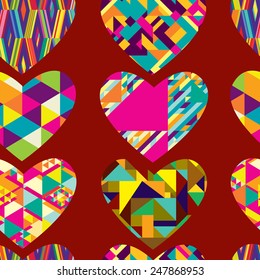 Seamless pattern of hearts, decorated with geometric patterns. Vector illustration.